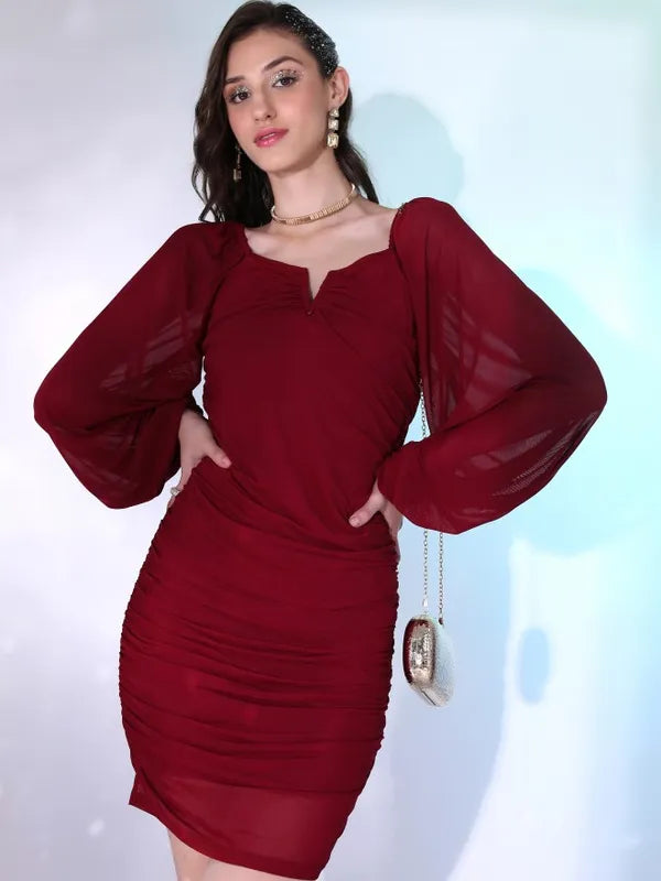 Women’s Maroon Solid Bodycon Dress Elegant Midi Dress with Figure-Hugging Silhouette