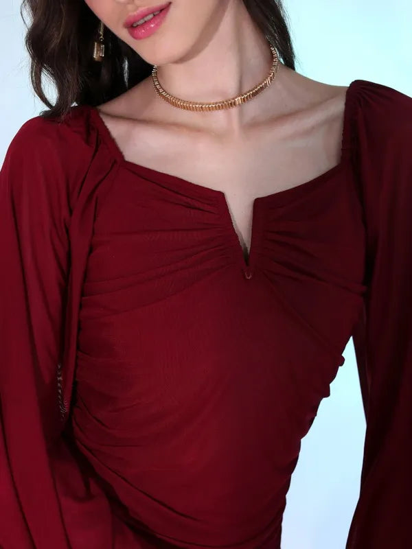 Women’s Maroon Solid Bodycon Dress Elegant Midi Dress with Figure-Hugging Silhouette