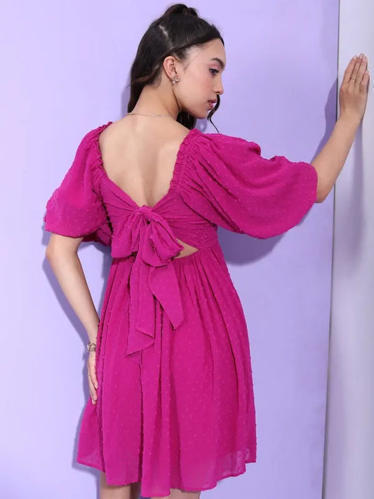 Fuchsia Self-Design Fit and Flare Dress for Women Feminine Knee-Length Dress with Flared Skirt