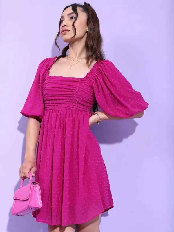 Fuchsia Self-Design Fit and Flare Dress for Women Feminine Knee-Length Dress with Flared Skirt