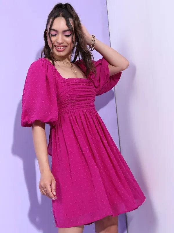 Fuchsia Self-Design Fit and Flare Dress for Women Feminine Knee-Length Dress with Flared Skirt