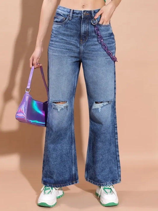Highly Distressed Blue Wide Leg Jeans for Women with Comfortable and Stylish Look