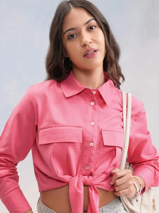 Women’s Formal Look Solid Pink Shirt Style Top
