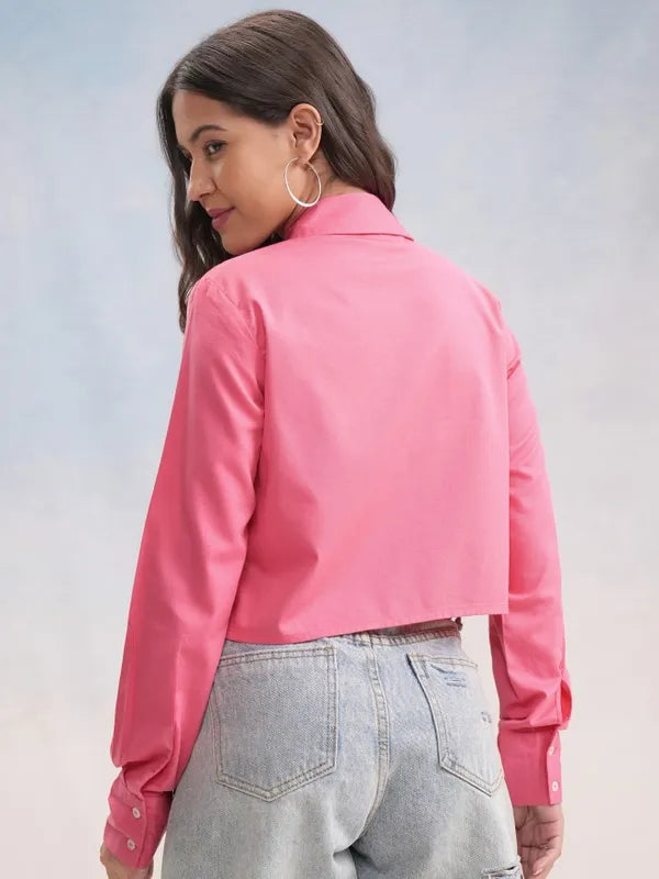 Women’s Formal Look Solid Pink Shirt Style Top