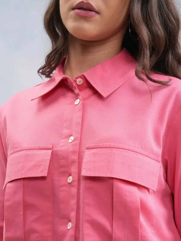 Women’s Formal Look Solid Pink Shirt Style Top