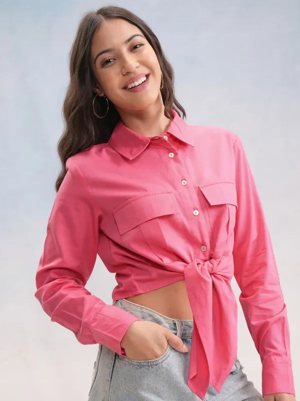 Women’s Formal Look Solid Pink Shirt Style Top