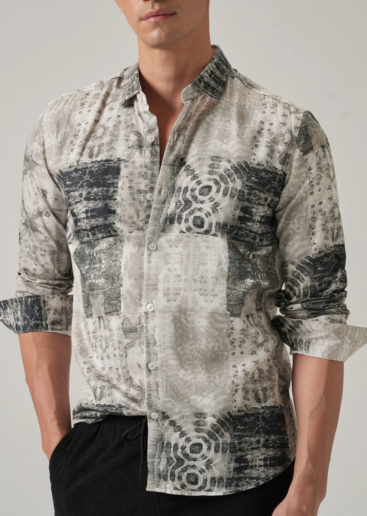 Stylish Tan Brown Abstract Pattern Shirt for Men in Cotton Fabric