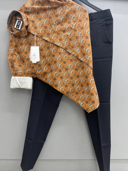 Lightweight Brown Flower Printed Shirt and Pant Combo for Men for Summer and Festive Wear