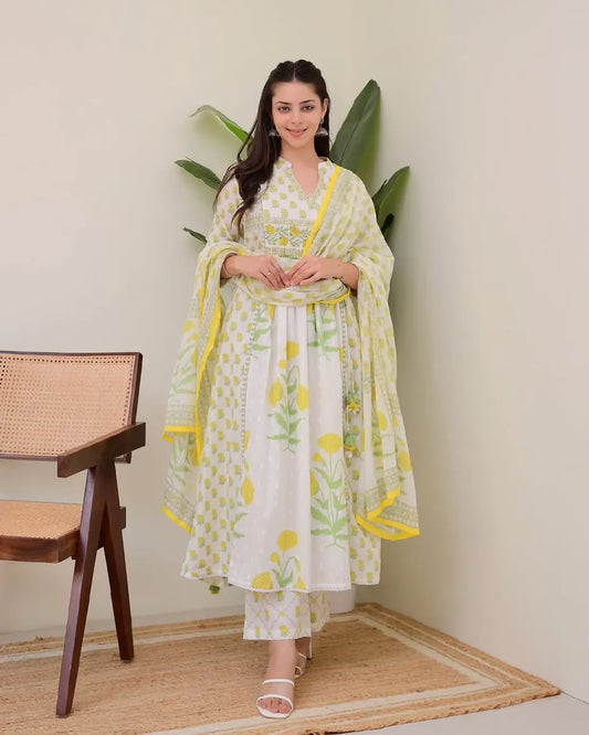 Ivory Yellow Floral Cotton A-Line Suit
