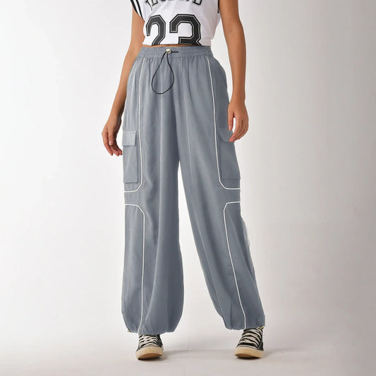 Parachute Style Pants for Women Featuring Contrast Piping and Lightweight Fabric