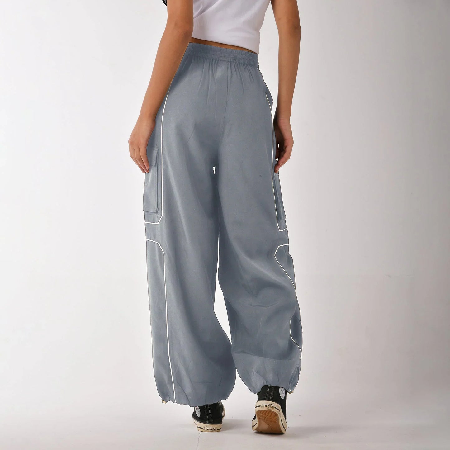 Parachute Style Pants for Women Featuring Contrast Piping and Lightweight Fabric
