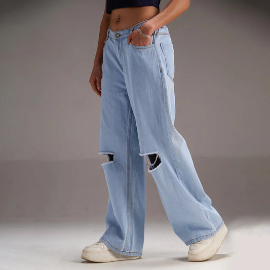 Baggy Style Wide Leg Denim Jeans with Loose Fit and Versatile Design