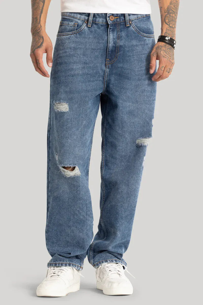 Durable Blue Loose Fit Jeans for Men with Distressed Detailing