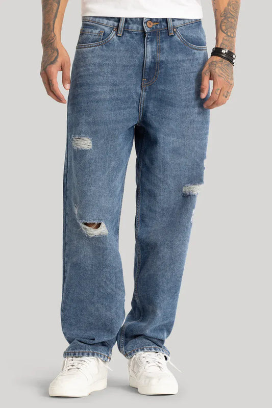 Durable Blue Loose Fit Jeans for Men with Distressed Detailing