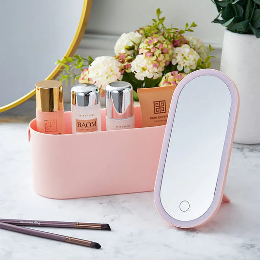 Makeup Storage Case with Detachable LED Mirror, Handle, and USB-C Rechargeable Design
