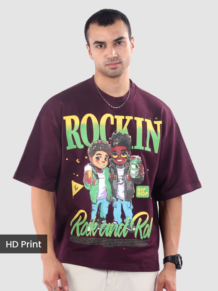 Statement Dark Purple Oversized T-shirt with Rock and Roll HD Print for Music Lovers and Casual Style