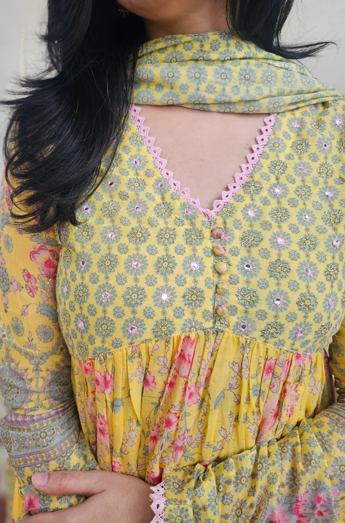 Women’s Olive Green Chinon Kurta Ensemble with Elephant & Peacock Motifs