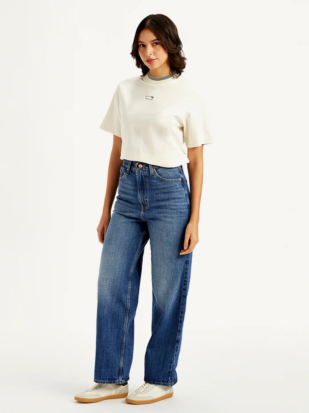 Women Blue Loose Fit Denim Pants with High Rise Waist for Fashionable Outfits
