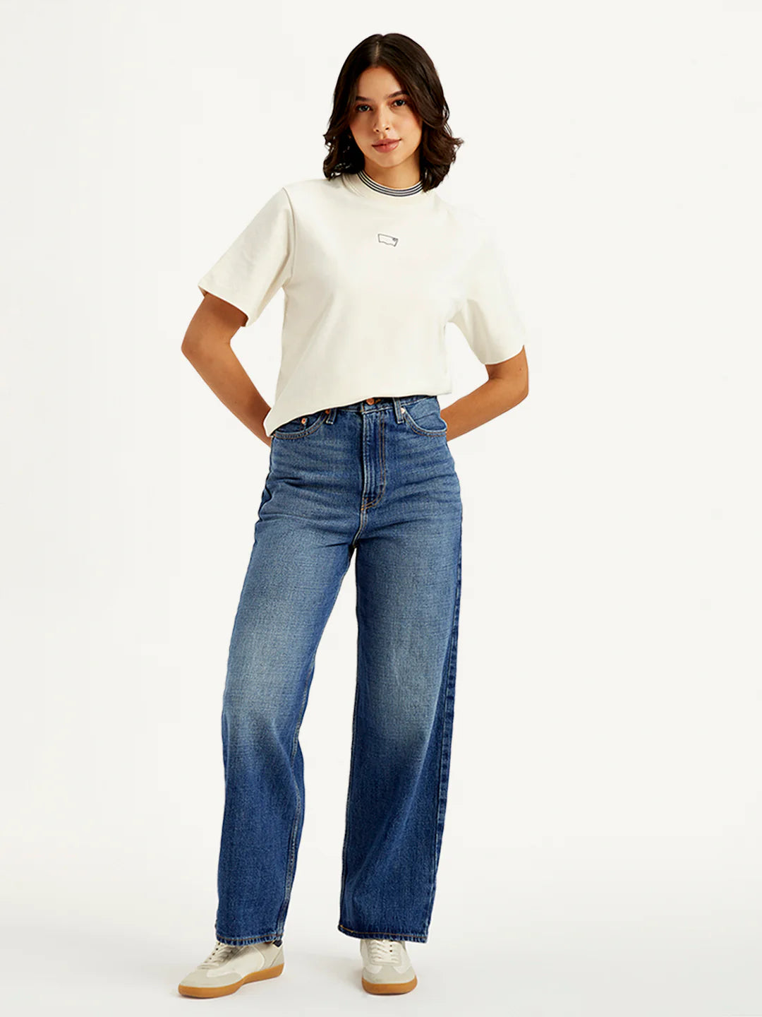 Women Blue Loose Fit Denim Pants with High Rise Waist for Fashionable Outfits
