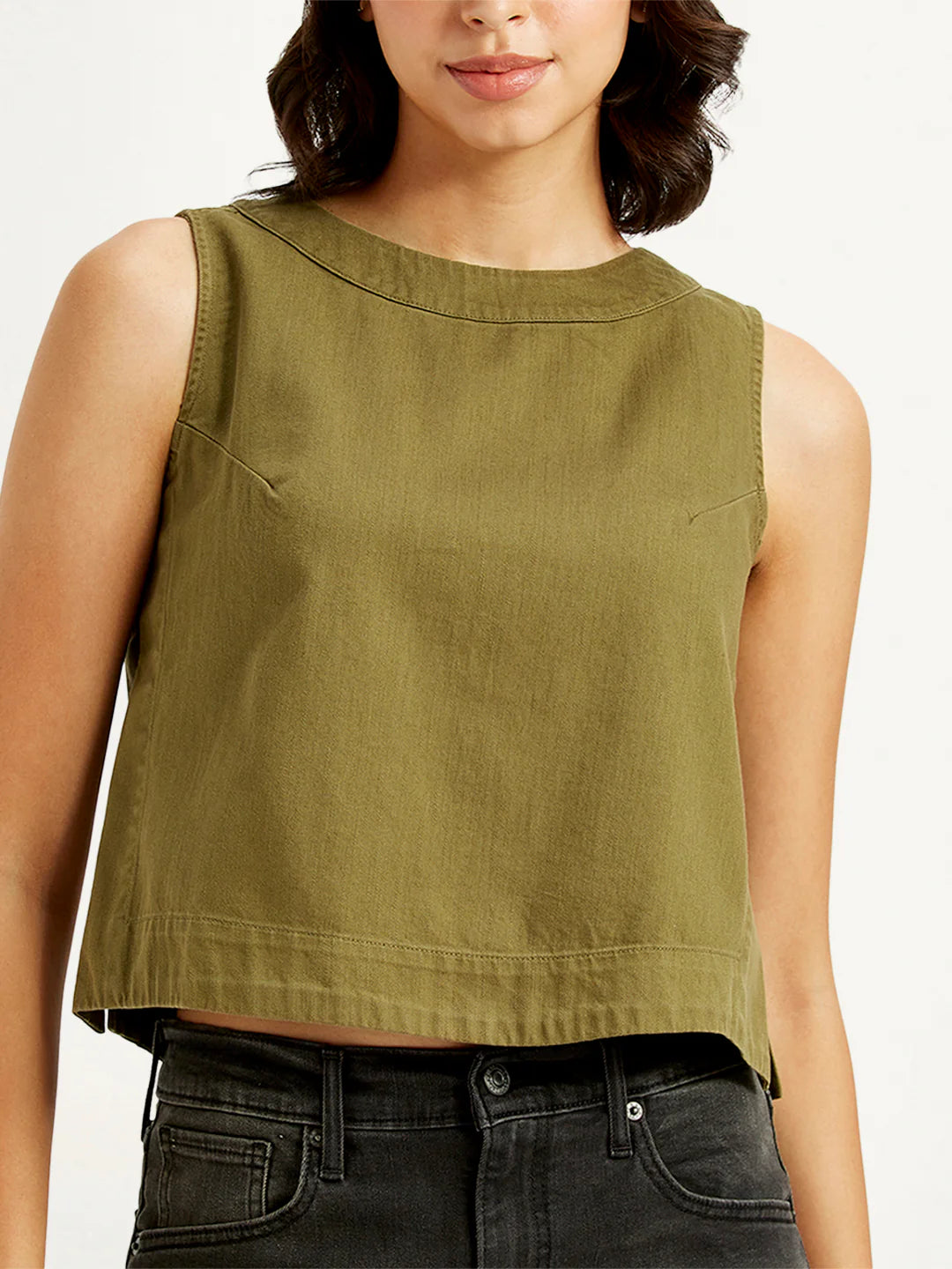 Chic Solid Olive Green Crop Top for Women with Round Neck and Contemporary Design