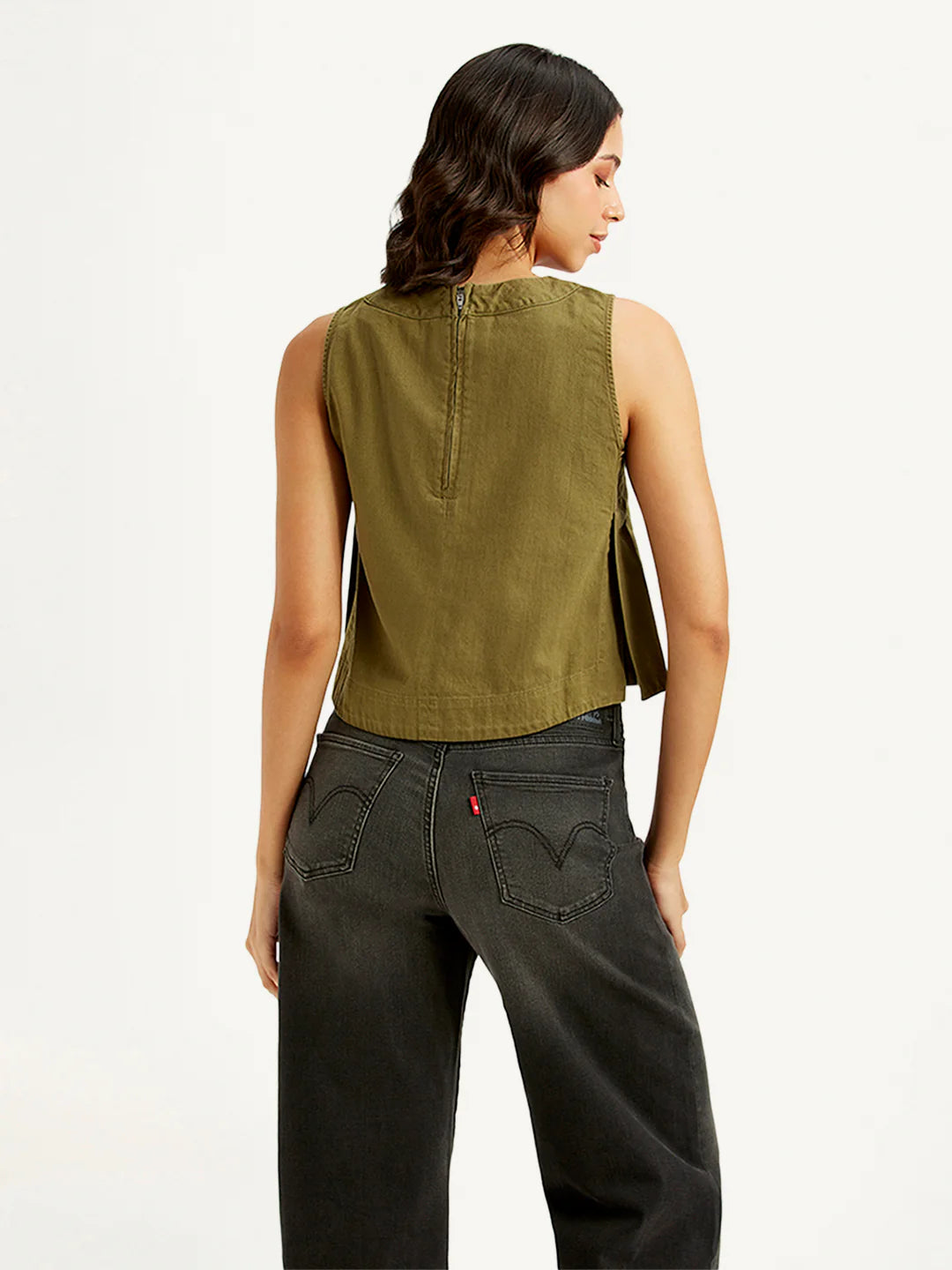 Chic Solid Olive Green Crop Top for Women with Round Neck and Contemporary Design