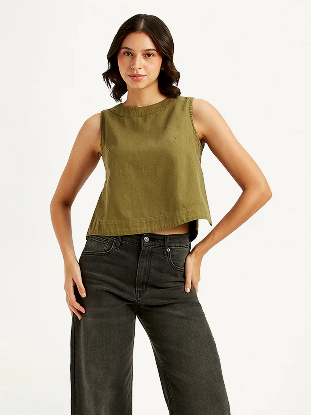 Chic Solid Olive Green Crop Top for Women with Round Neck and Contemporary Design
