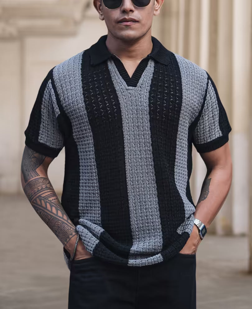 Classic Black and Grey Striped Crochet Half Sleeve Casual T-Shirt for Men