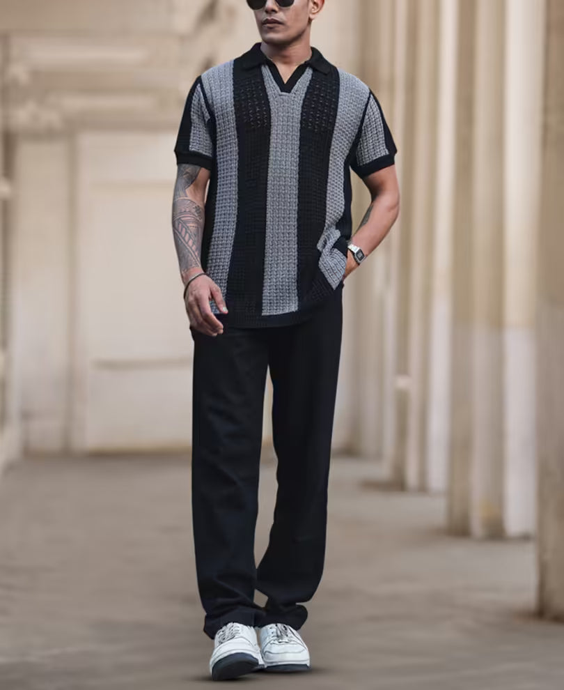 Classic Black and Grey Striped Crochet Half Sleeve Casual T-Shirt for Men