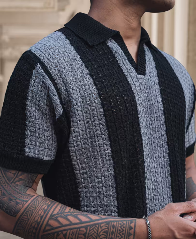 Classic Black and Grey Striped Crochet Half Sleeve Casual T-Shirt for Men
