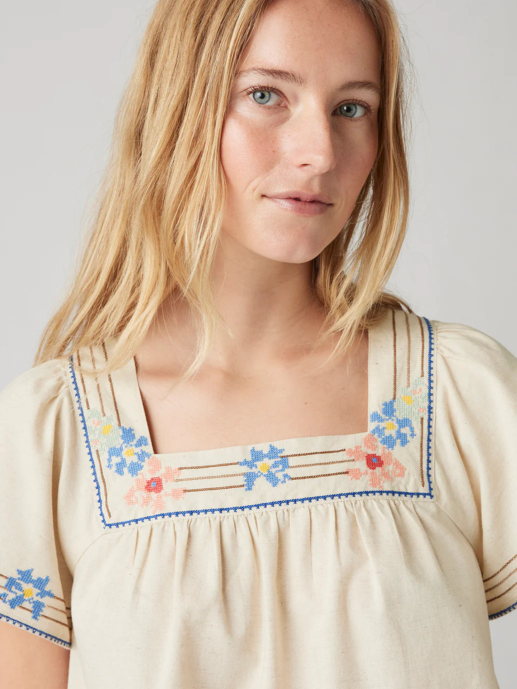 Casual Women’s Embroidered Top in Cream with Square Neck for Daily and Office Wear