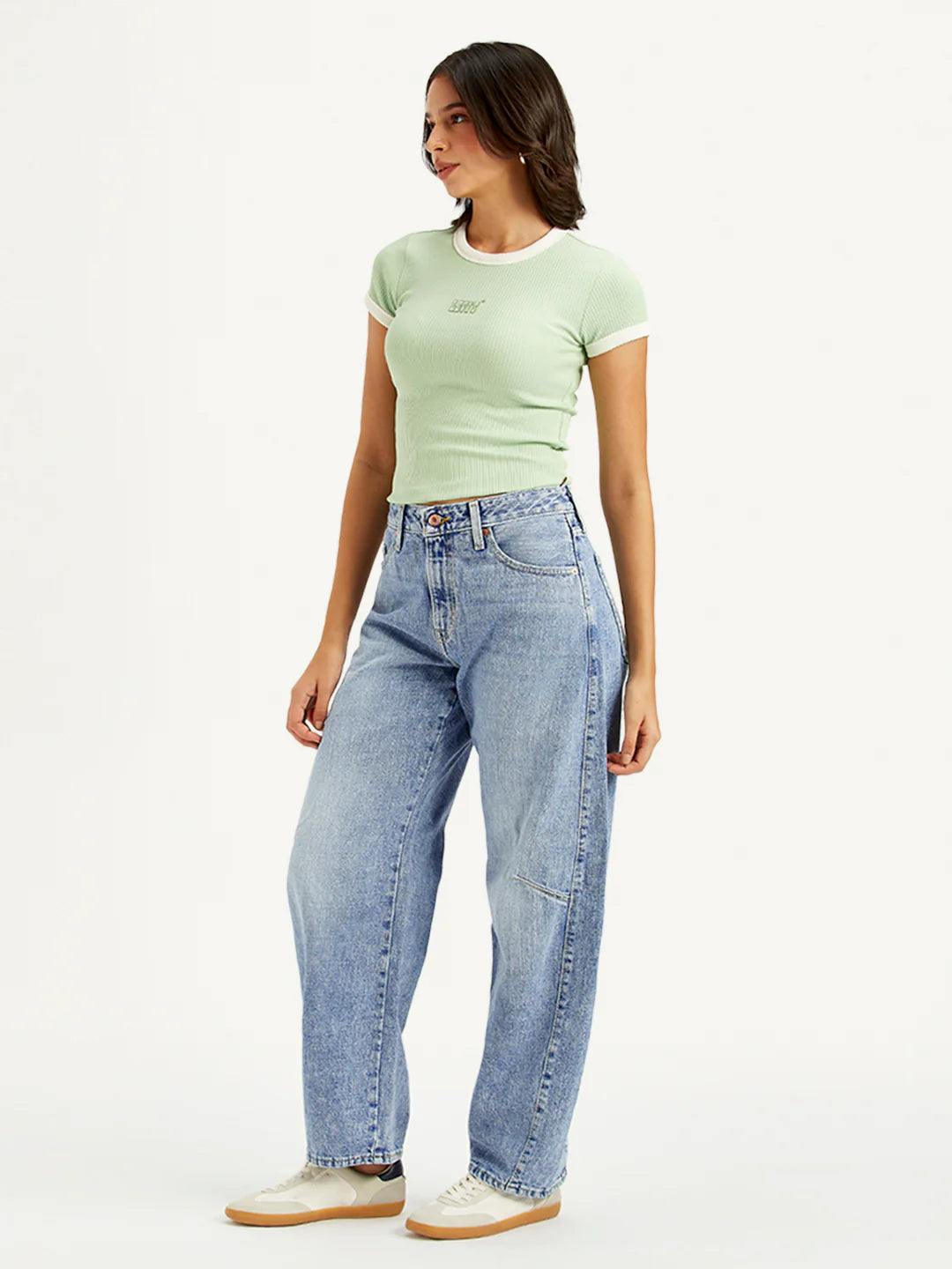 Women Light Blue Barrel Fit Mid Rise Baggy Dad Jeans with Fashionable Casual Look