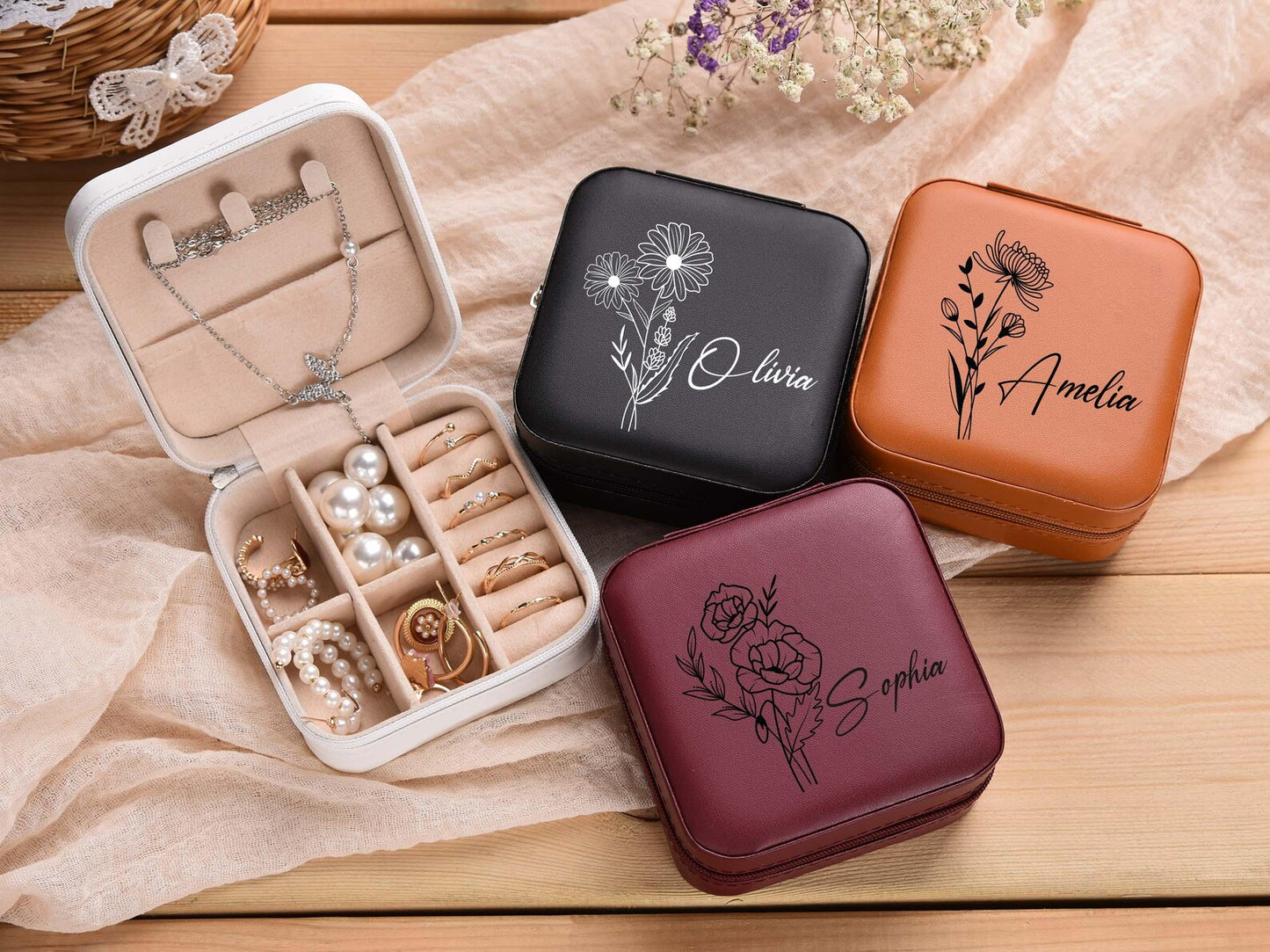 Bridesmaid Jewelry Organizer Box Personalized Wedding Gift with Travel Keepsake Feature
