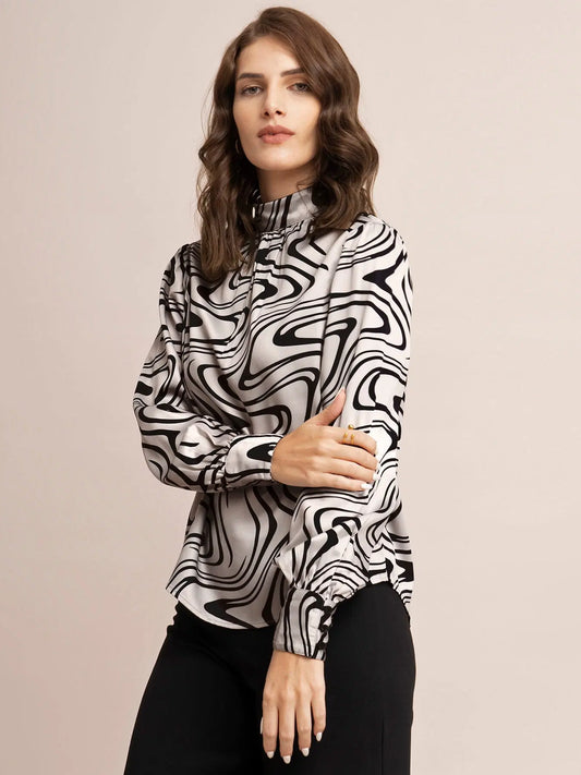 Elegant Women’s Satin Top with Beige and Black Abstract Print and Modern Styling