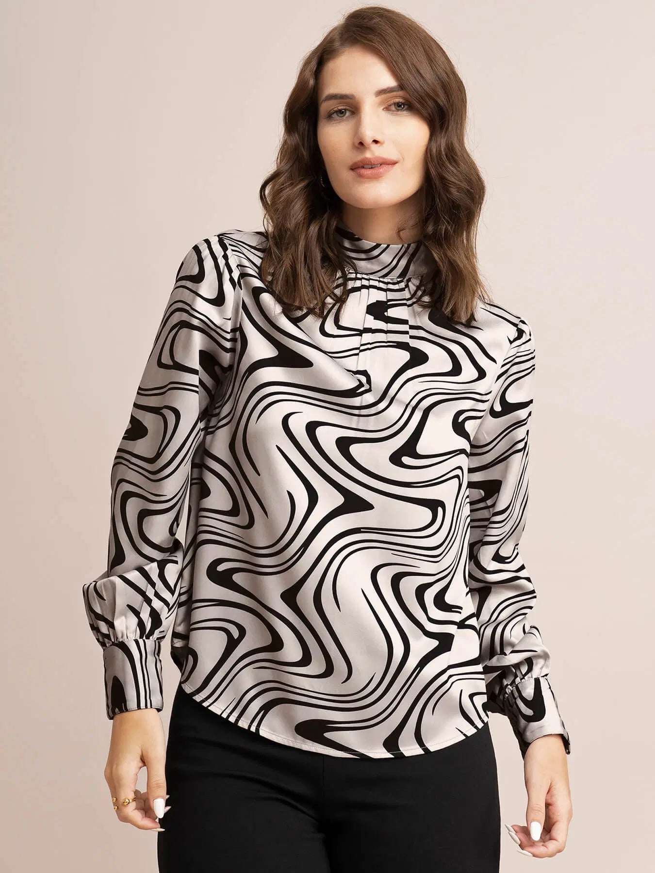 Elegant Women’s Satin Top with Beige and Black Abstract Print and Modern Styling