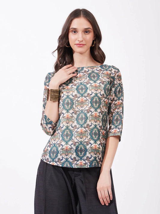 Fashionable Chanderi Top in Multicolour with Boat Neck for Ethnic and Casual Outfits