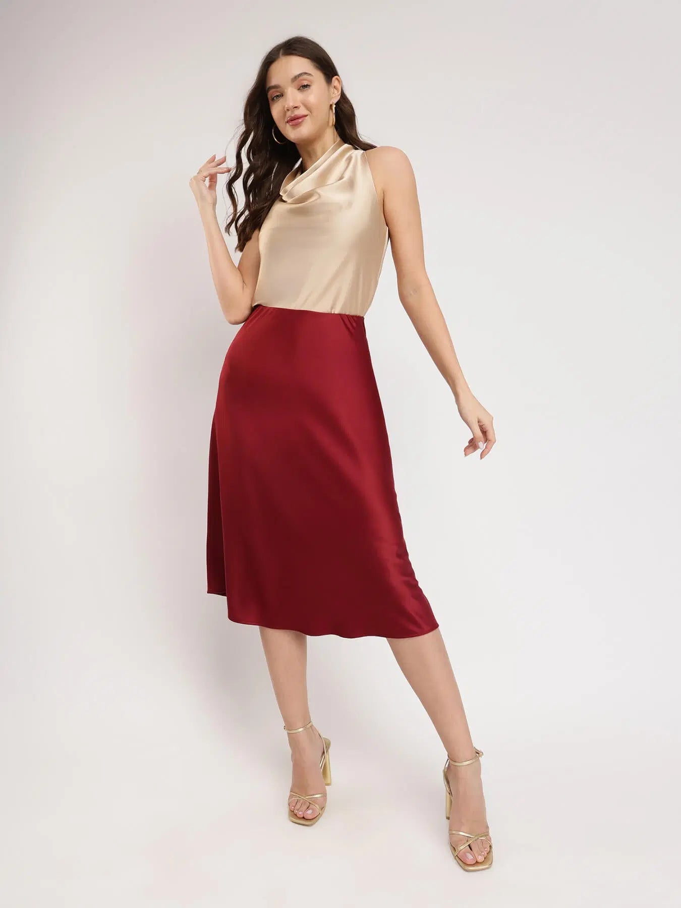 Beige Satin Halter Neck Top with Comfortable Fit and Modern Look