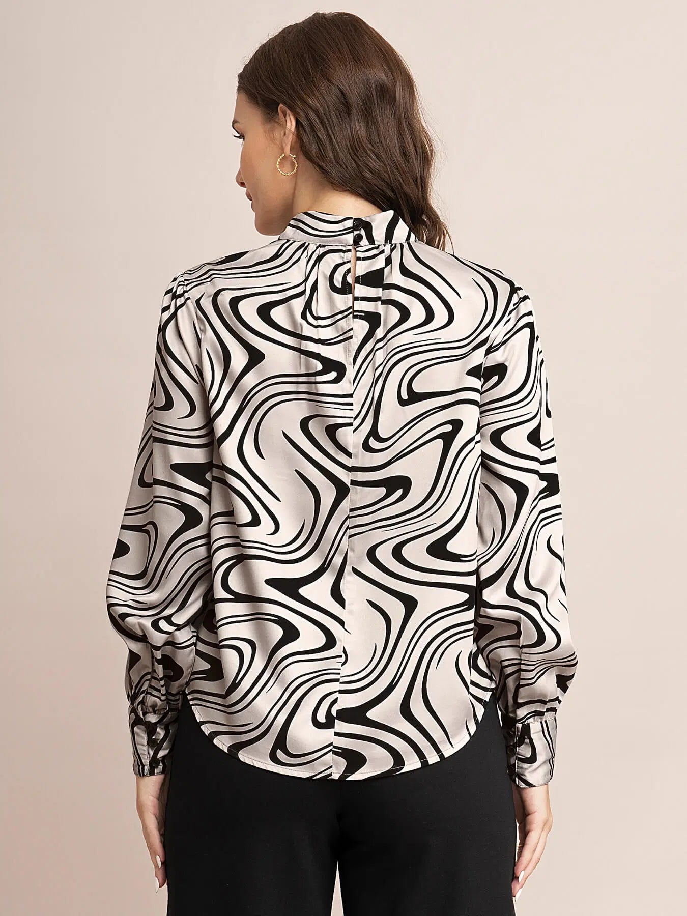 Elegant Women’s Satin Top with Beige and Black Abstract Print and Modern Styling