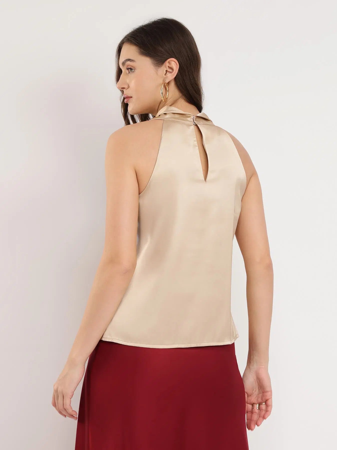 Beige Satin Halter Neck Top with Comfortable Fit and Modern Look