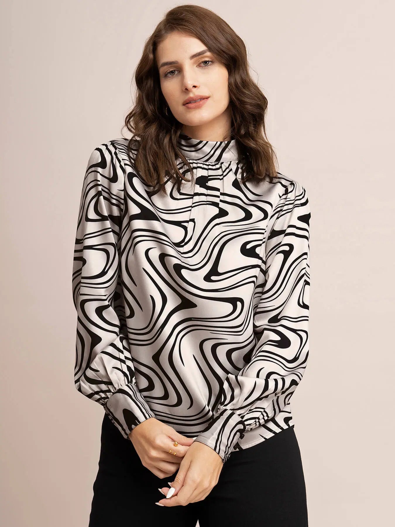 Elegant Women’s Satin Top with Beige and Black Abstract Print and Modern Styling