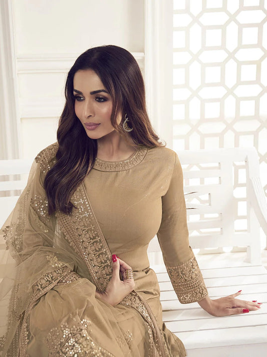 Malaika Arora Beige Floral Thread & Sequins Embroidered Kurta Set