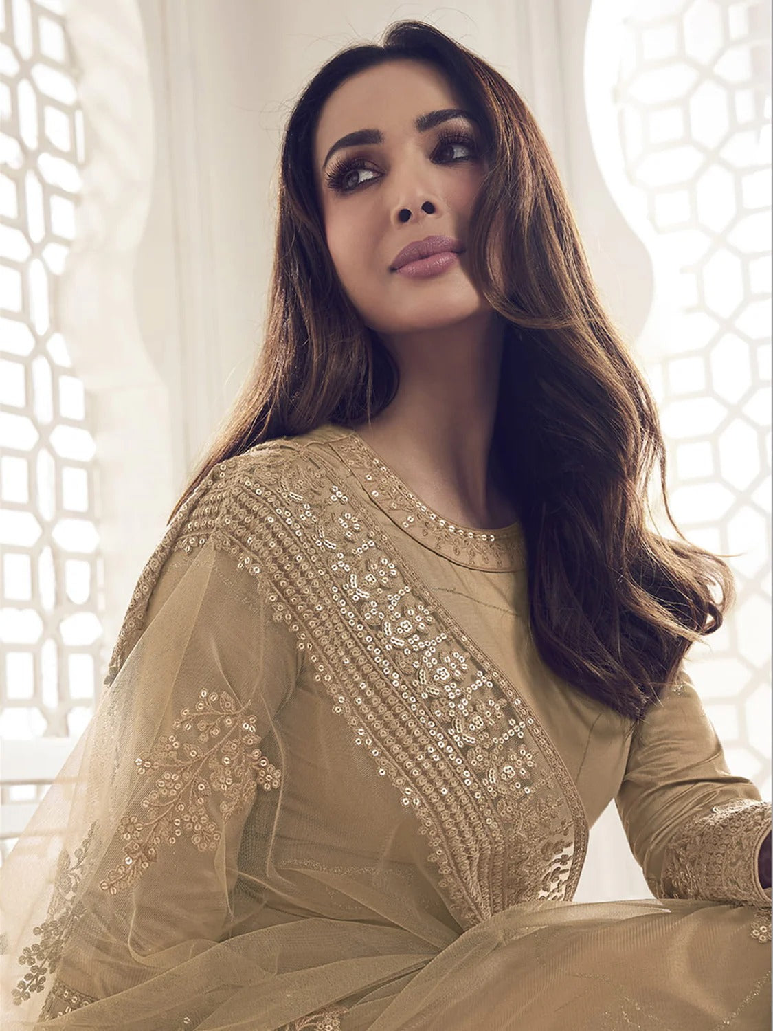 Malaika Arora Beige Floral Thread & Sequins Embroidered Kurta Set