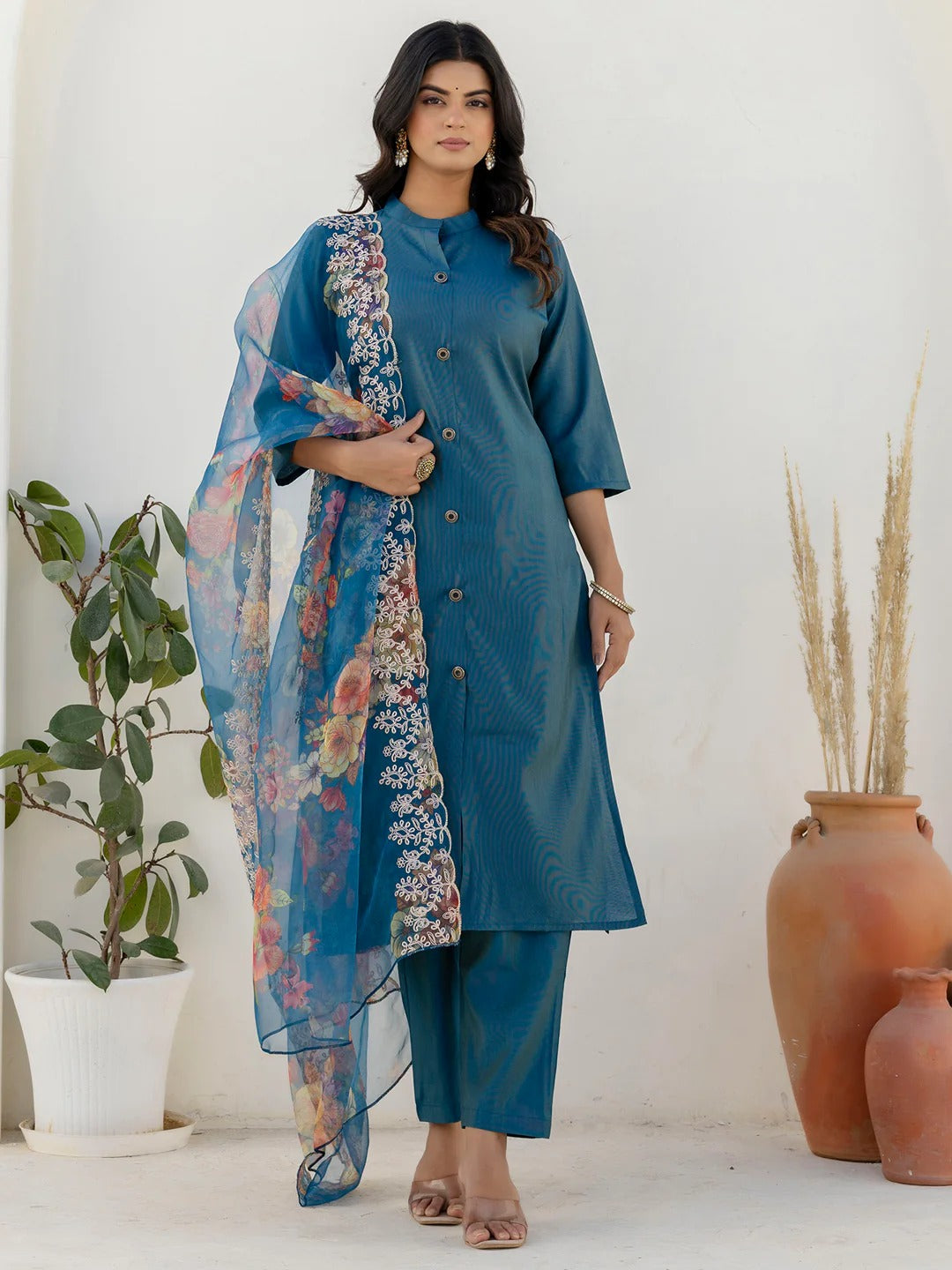Women’s Anarkali Kurta & Pant Set with Embroidered Dupatta
