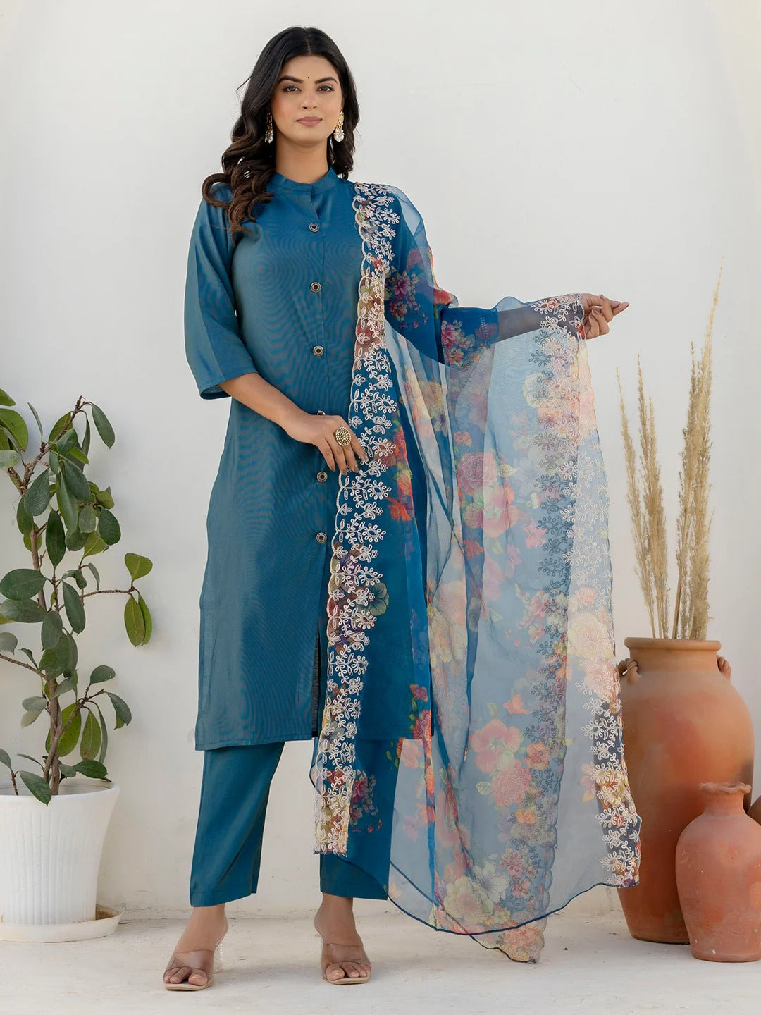 Women’s Anarkali Kurta & Pant Set with Embroidered Dupatta