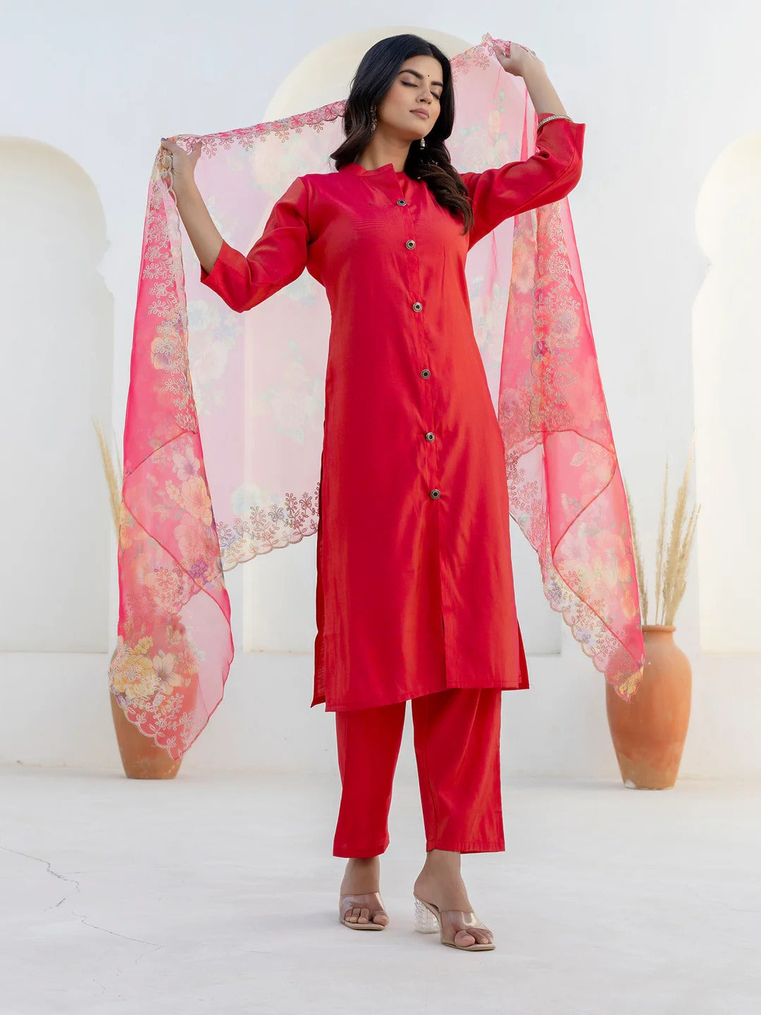 Women’s Anarkali Kurta & Pant Set with Embroidered Dupatta