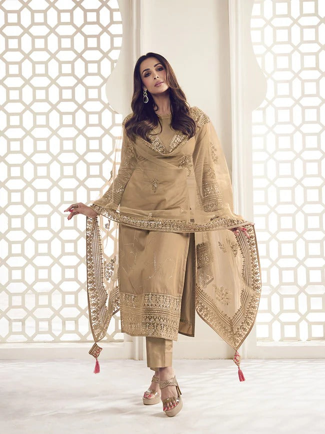 Malaika Arora Beige Floral Thread & Sequins Embroidered Kurta Set
