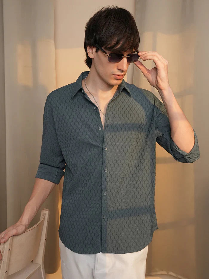 Relaxed Fit Oversized Shirt Made with Honeycomb Patterned Fabric