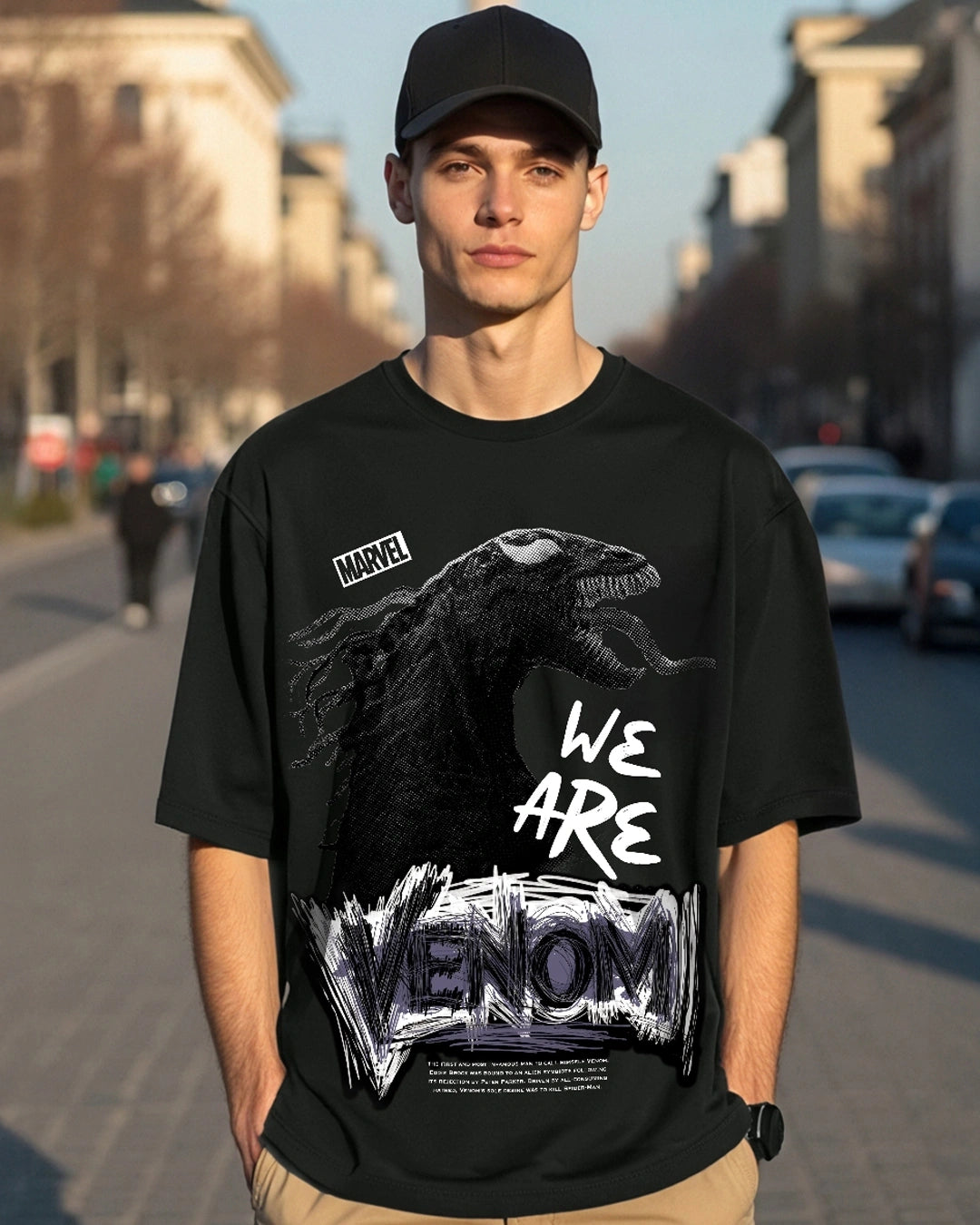 Trendy Men’s Black Venom Graphic Printed Oversized T-shirt for Casual Wear