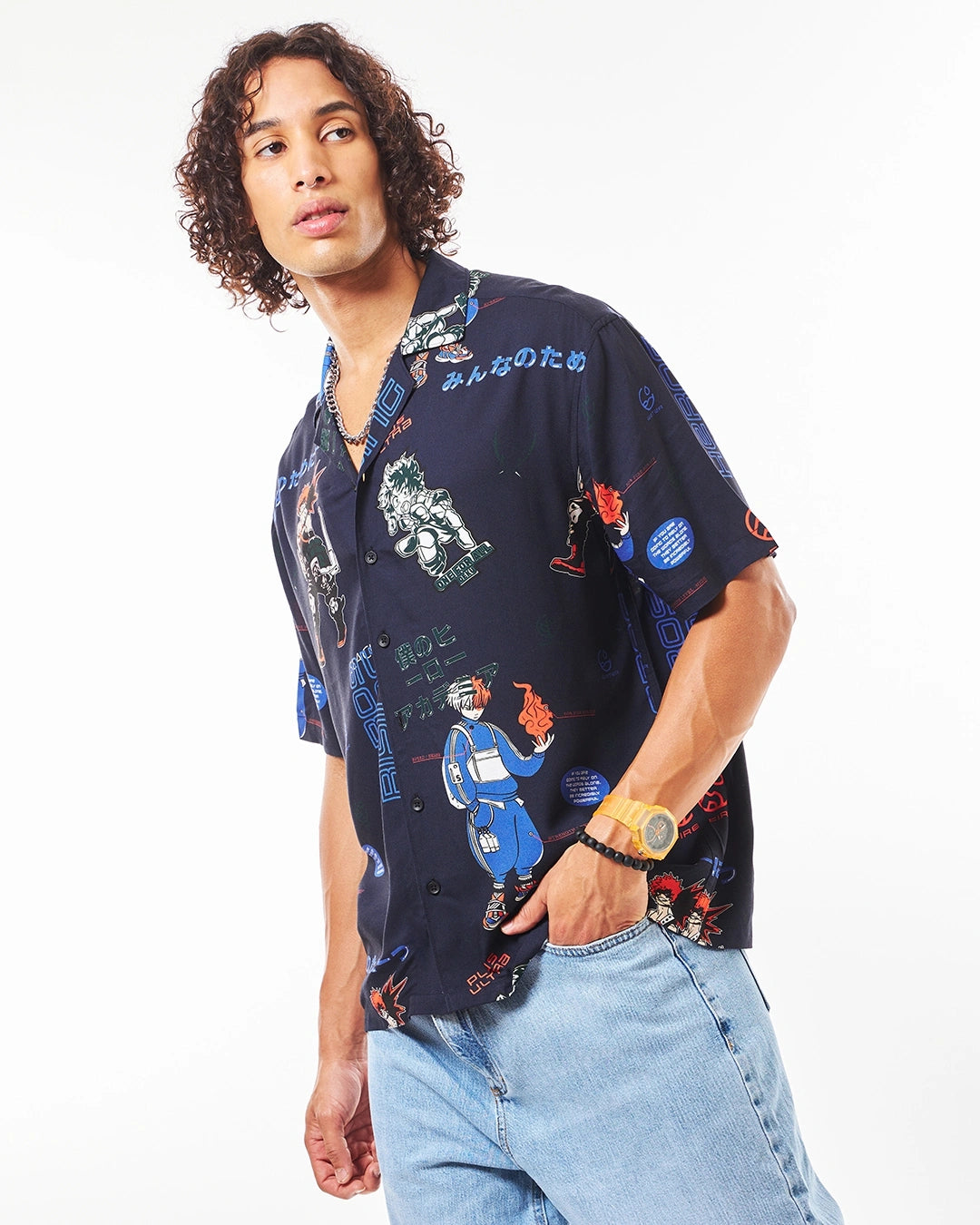 Youthful Men’s Blue Oversized All Over Printed Shirt – On-Trend Casual Streetwear for Modern Everyday Comfort and Style