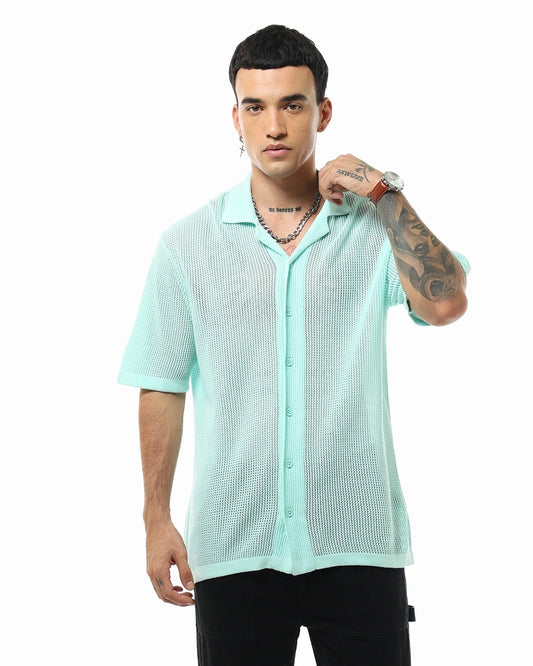 Fashionable Men’s Blue Oversized Shirt with Textured Design – Contemporary Streetwear for Effortless Everyday Style