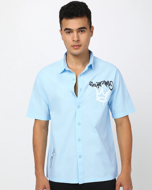 Trendy Men’s Light Blue Oversized Shirt with Youth Gang Graphic Print – Streetwear Inspired Casual Fashion for Daily Comfort